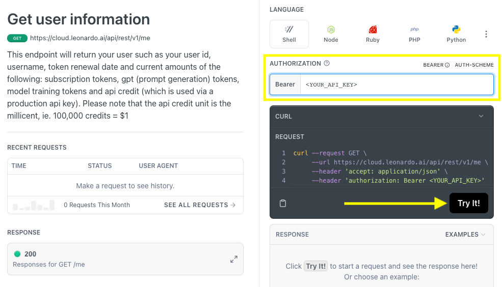 Test your API key in the Get User Information API