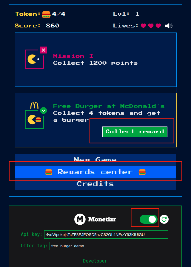 When you collect 4 burgers, you will be allowed to click on the **Collect reward** button