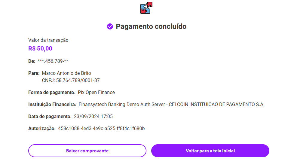 Comprovante de um pagamento instantâneo ou agendamento de pagamento único