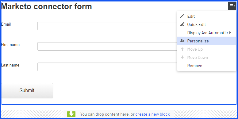 Screenshot of the Large content area dialog where selecting Personalize from the form context menu