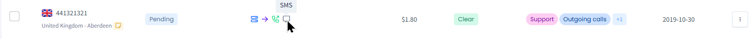 Screenshot of the Incoming SMS icon: incoming SMS messaging is supported
