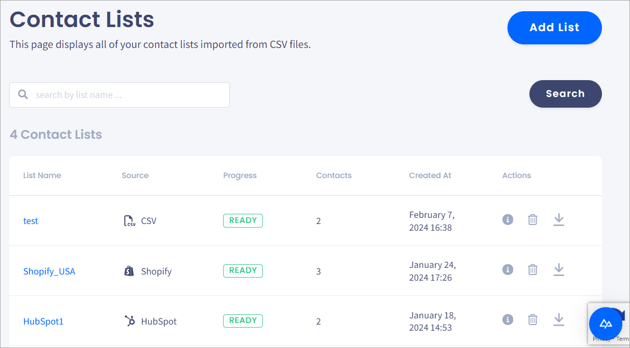 Screnshot of the **Contact Lists** page