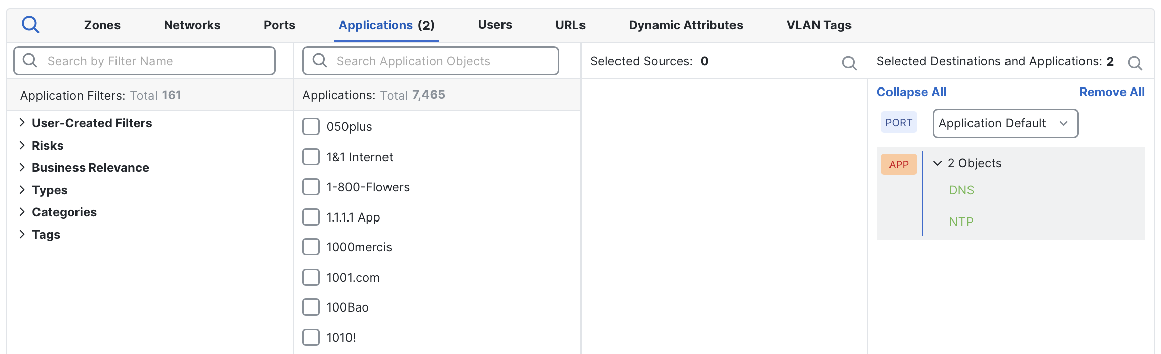 An example rule on FMC shows DNS and NTP applications added, both using default ports