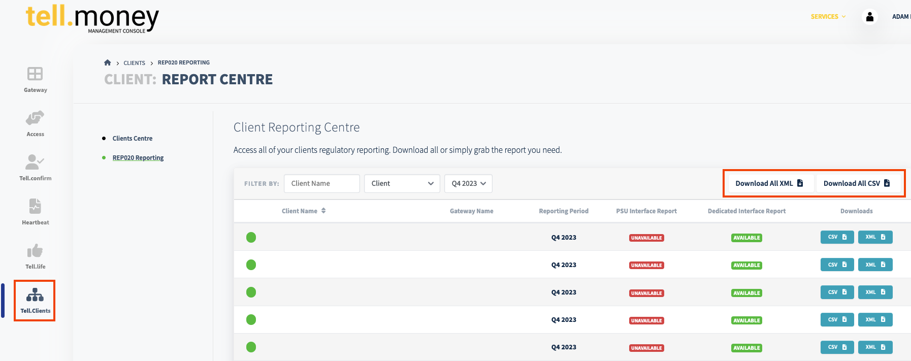 The client report centre page