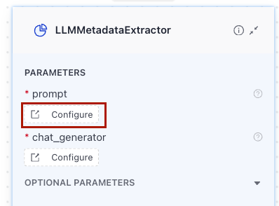 The Configure option on the LLMMetadataExtractor component card