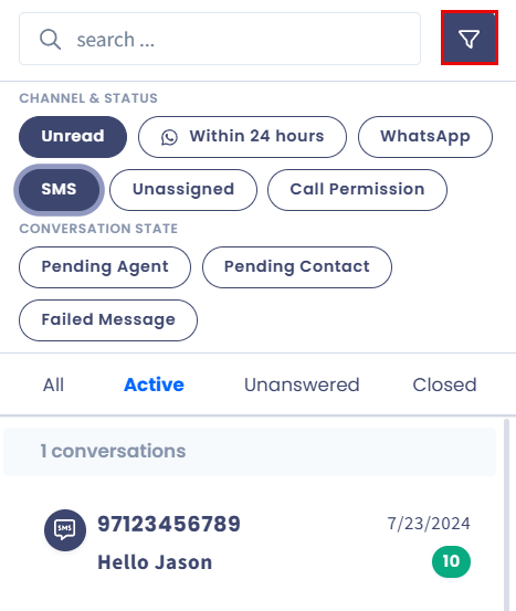 Screenshot of the conversation Filters panel
