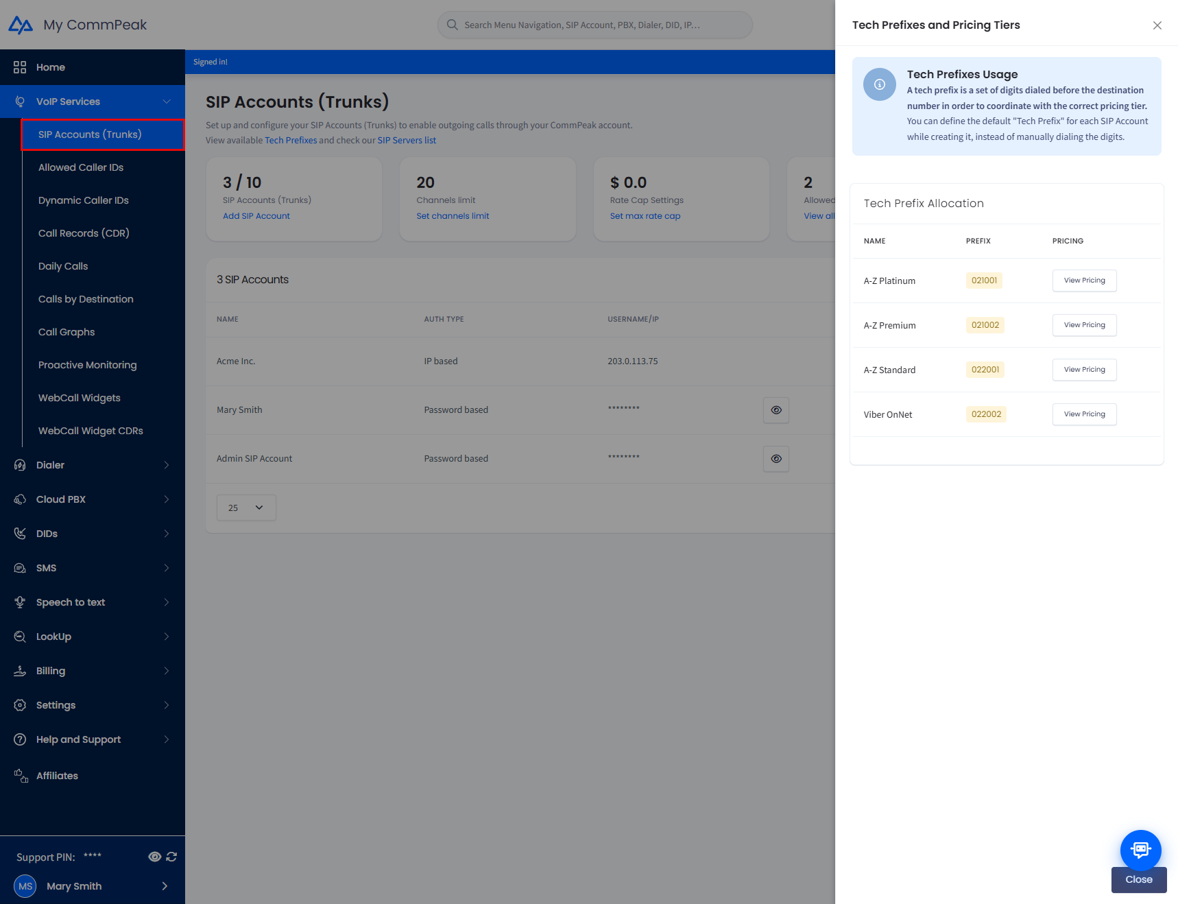 Screenshot of the SIP Accounts tab