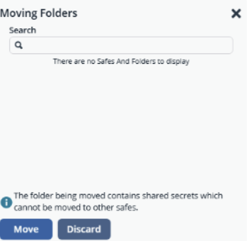Moving Folders dialog box with search bar, warning about shared secrets, and buttons for Move or Discard.
