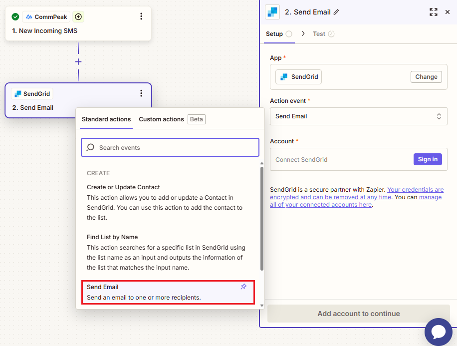 Screenshot of selecting the Send email event