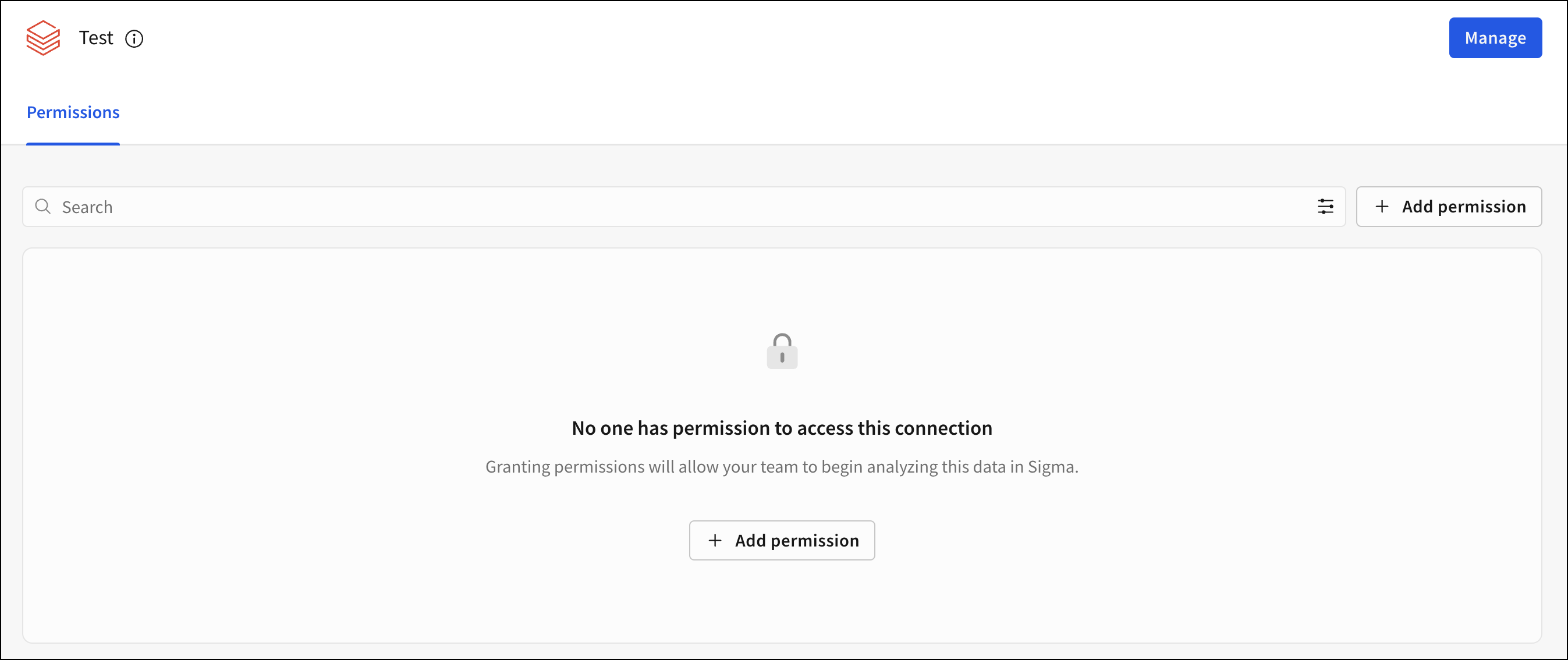 The Permission summary on the connection, showing that no users have access to this connection yet.