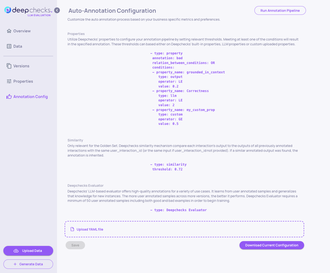 Editing the YAML file takes place within the "Annotation Config" tab.