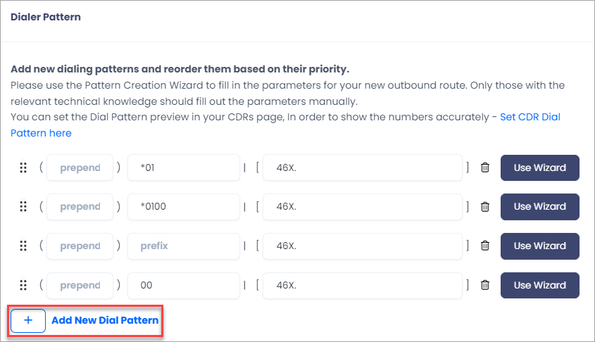 Screenshot of adding dialing patterns