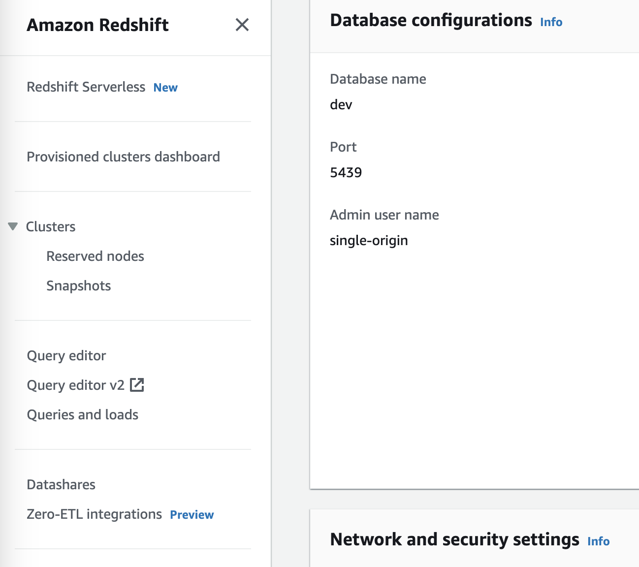 Redshift Database configurations