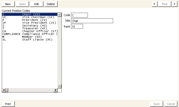Desktop: Customers > Set up tables > Committee positions