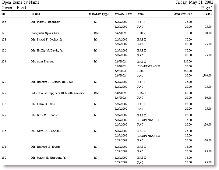 Desktop: Billing > Generate reports > Open Invoices > Open Items by Name (Crystal)