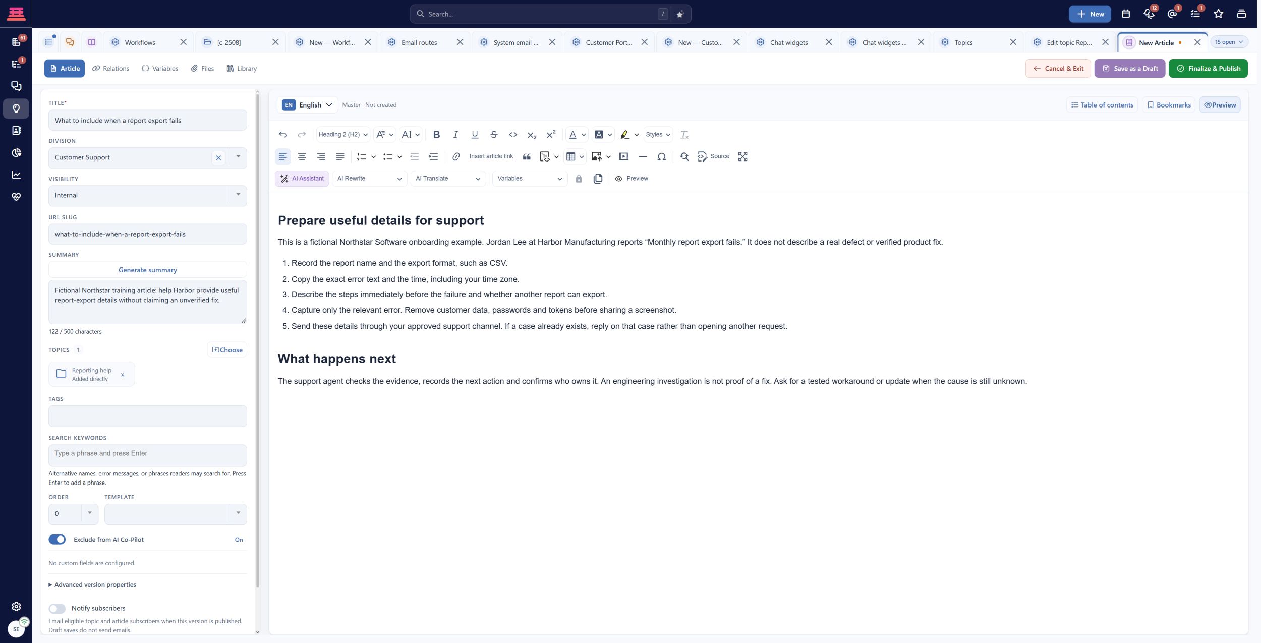 Filled internal starter article for Northstar and Harbor, before its first draft save. Notify subscribers is off and the fictional exercise is excluded from AI Copilot.