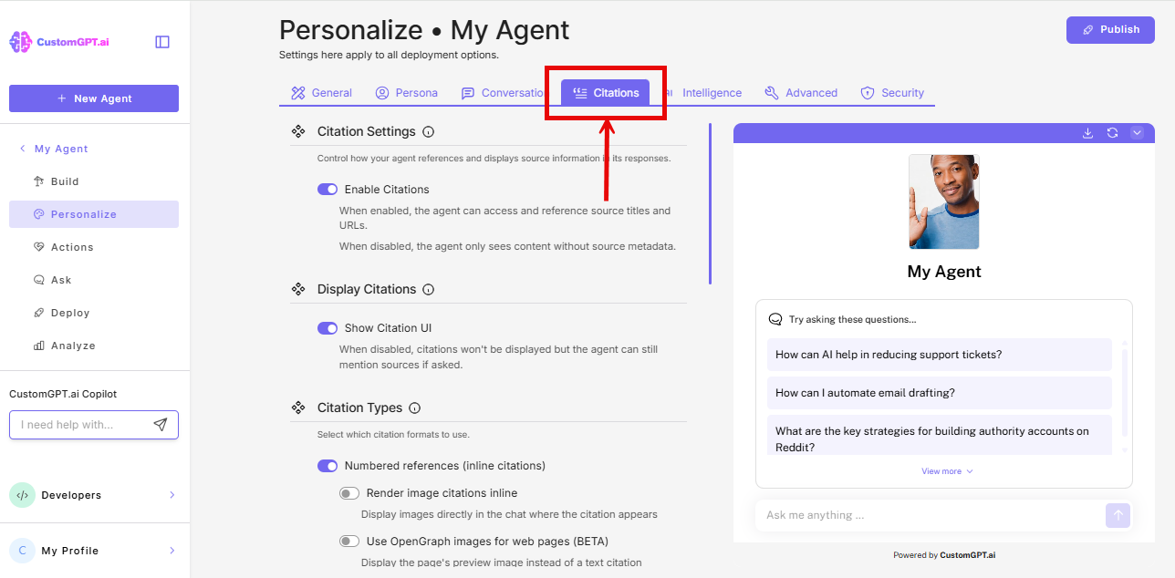 citations tab on the personalize page of the agent