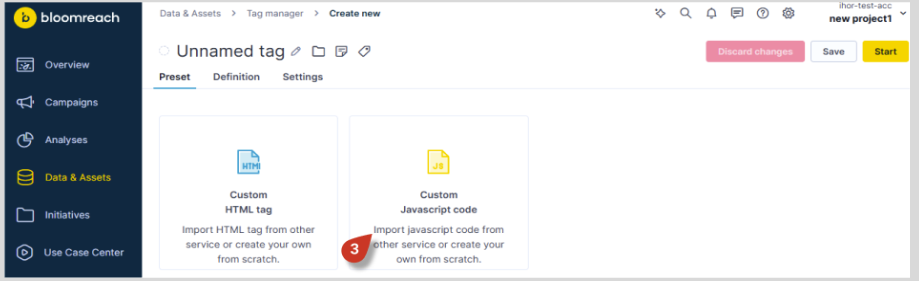 Tag creation screen showing Custom HTML tag and Custom JavaScript code options