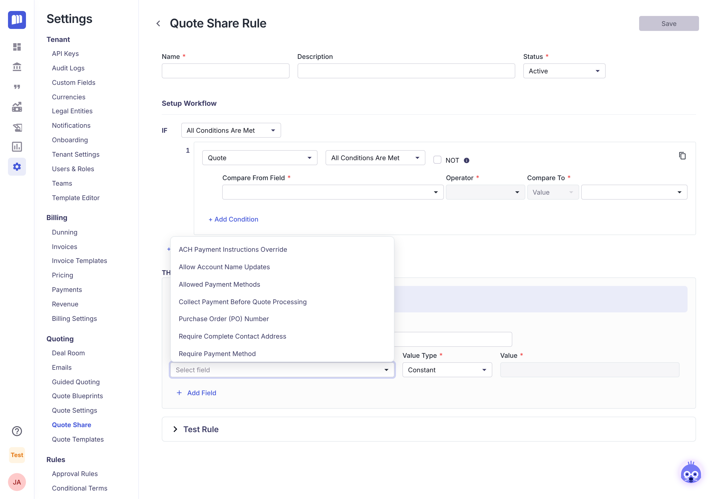 The Quote Share settings a rule can override