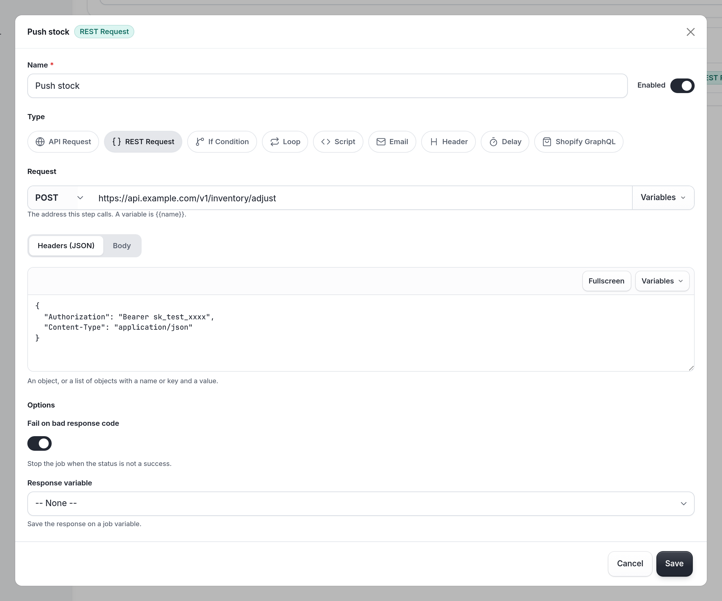 A REST Request step has the method and URL on one line. Headers (JSON) accepts an object or a list of name/key, value objects. Body is the next tab. Options cover failing the job on a bad status and saving the response to a variable.