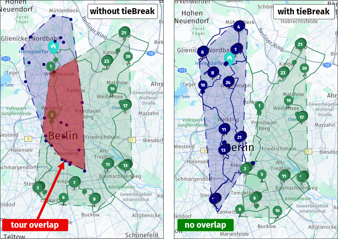 A comparison of two solutions showing the reduction of tour overlap in the solution using tieBreak