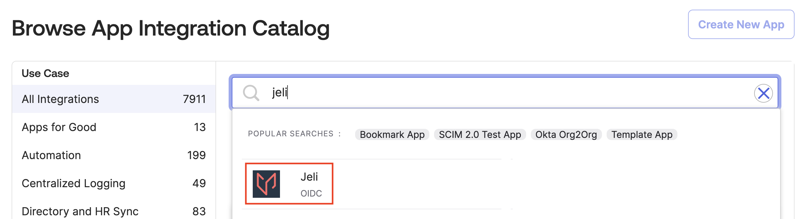 A screenshot of the Okta UI demonstrating how to search and select the "Jeli" app