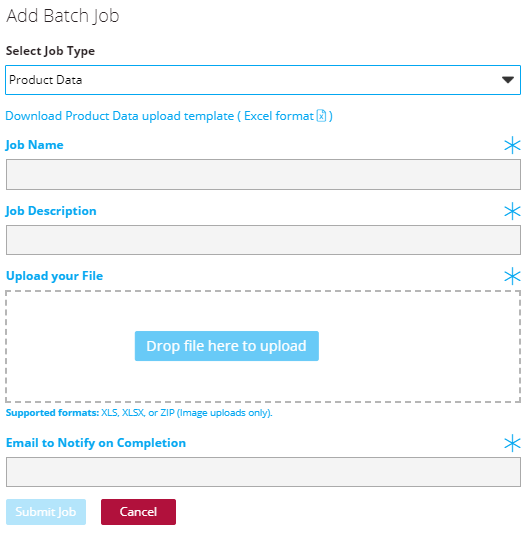 After selecting the type of batch job you wish you work on, the link to download the template will appear.
