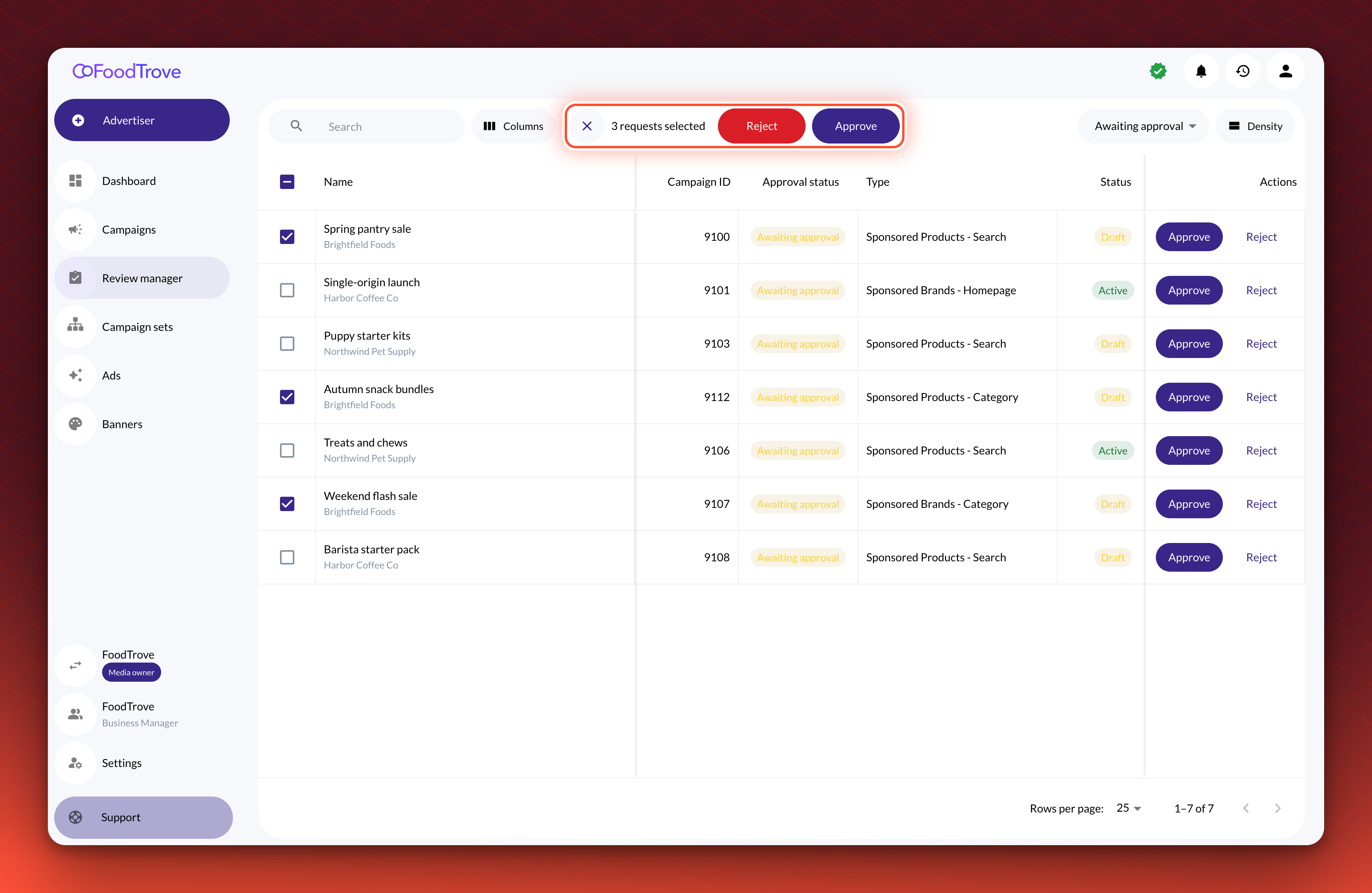 A preview of the Review manager with three Awaiting approval rows ticked. The toolbar reads 3 requests selected, with Reject and Approve actions beside it.