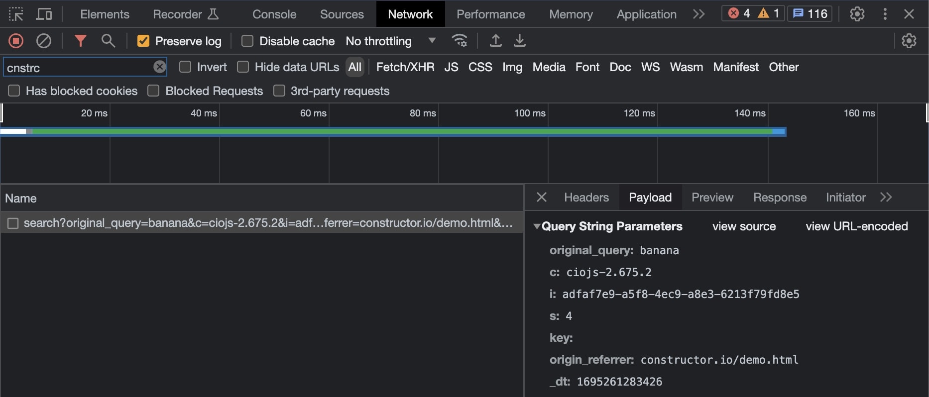 Viewing a request dispatched to Constructor web servers from the browser developer tools