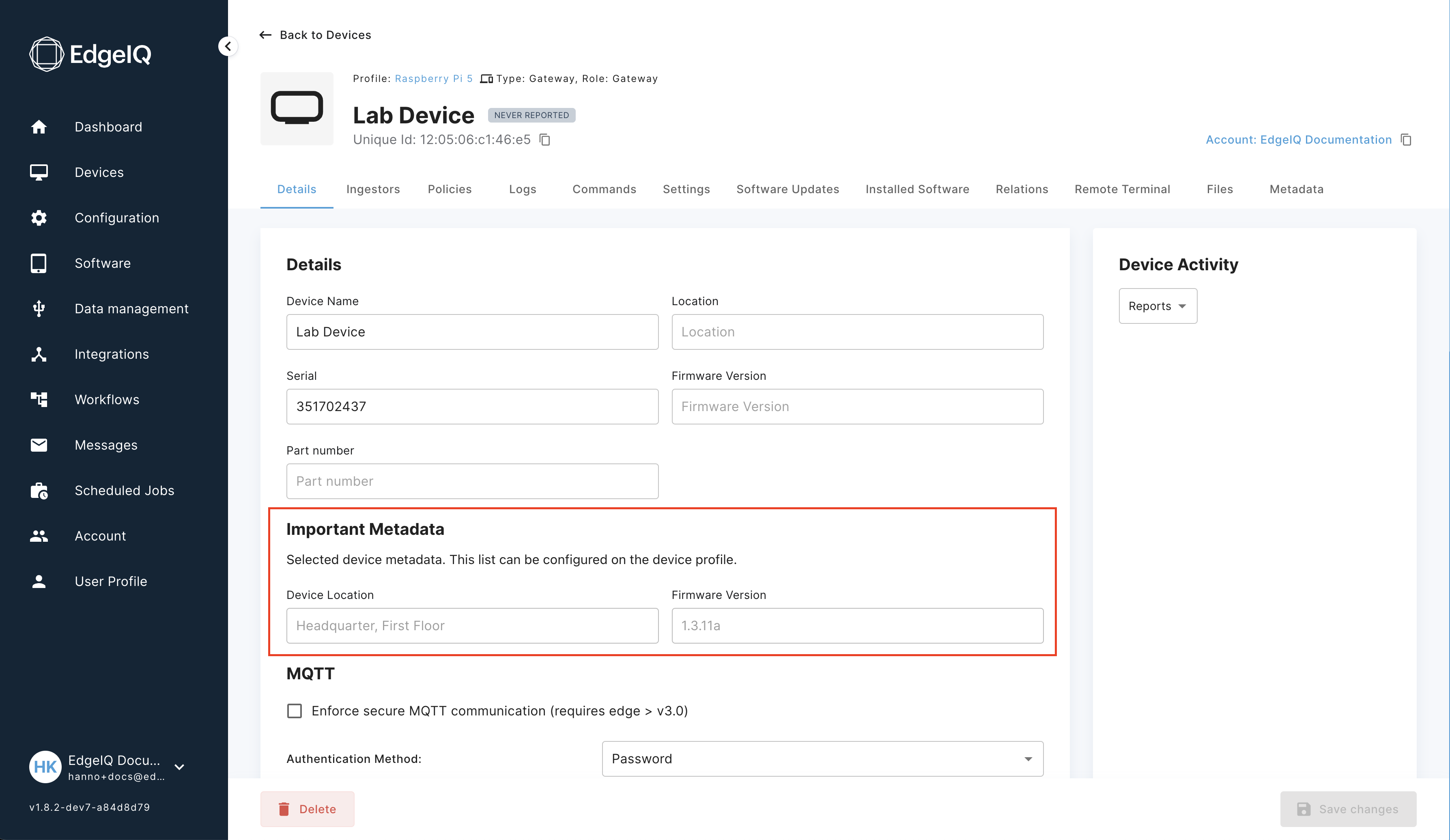 Important Metadata is displayed on the first Device Details page