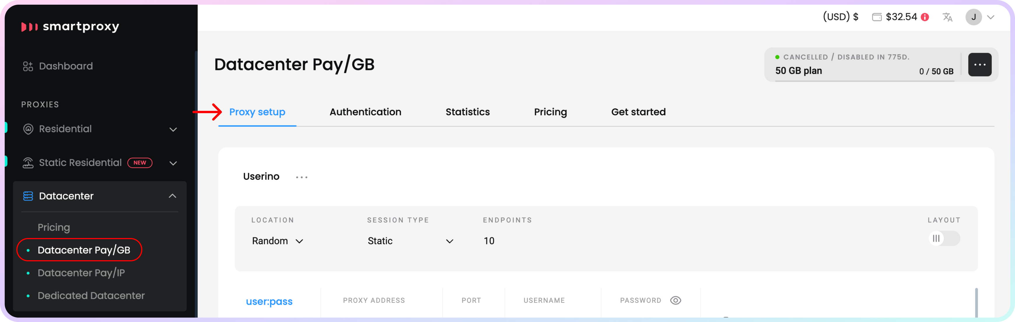 The Proxy setup section.