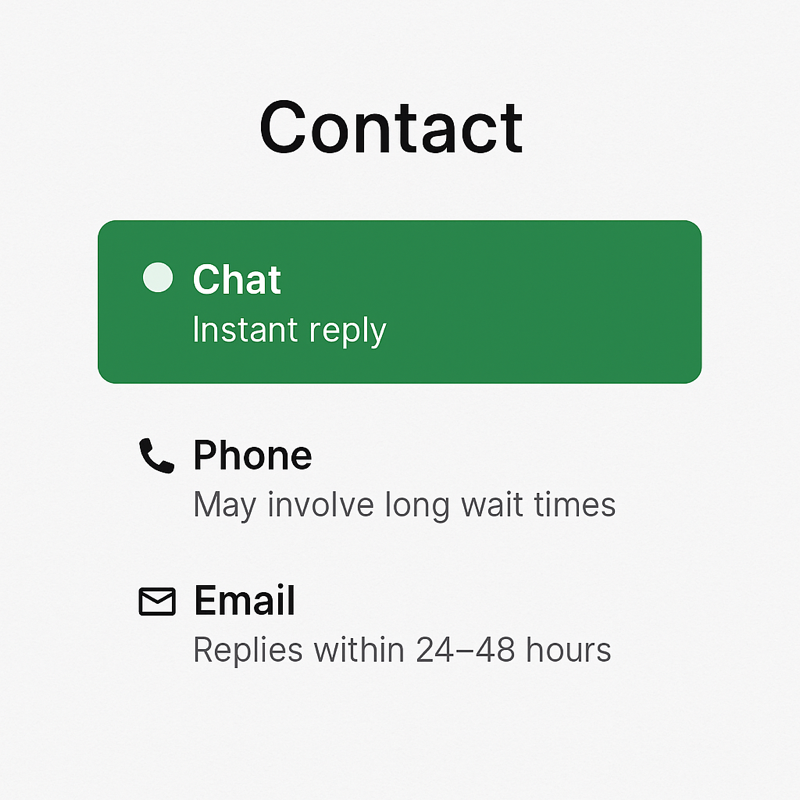 Contact page design highlighting chat as the primary support channel.