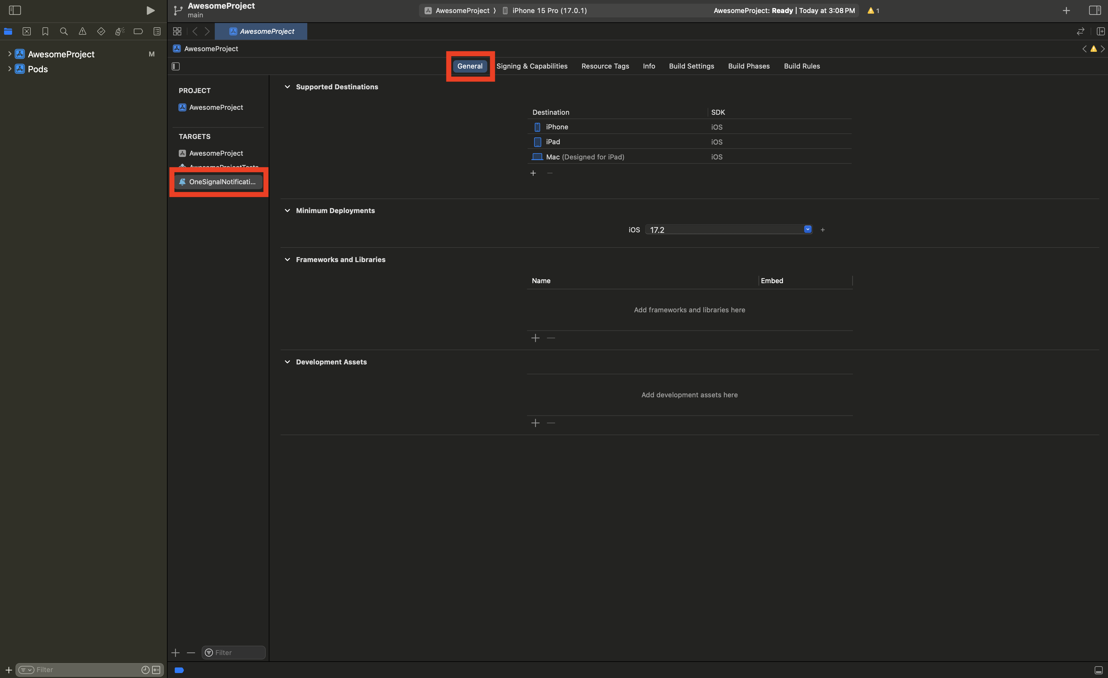 Set the OneSignalNotificationServiceExtension Target Minimum Deployments value to be the same as your Main Application Target.