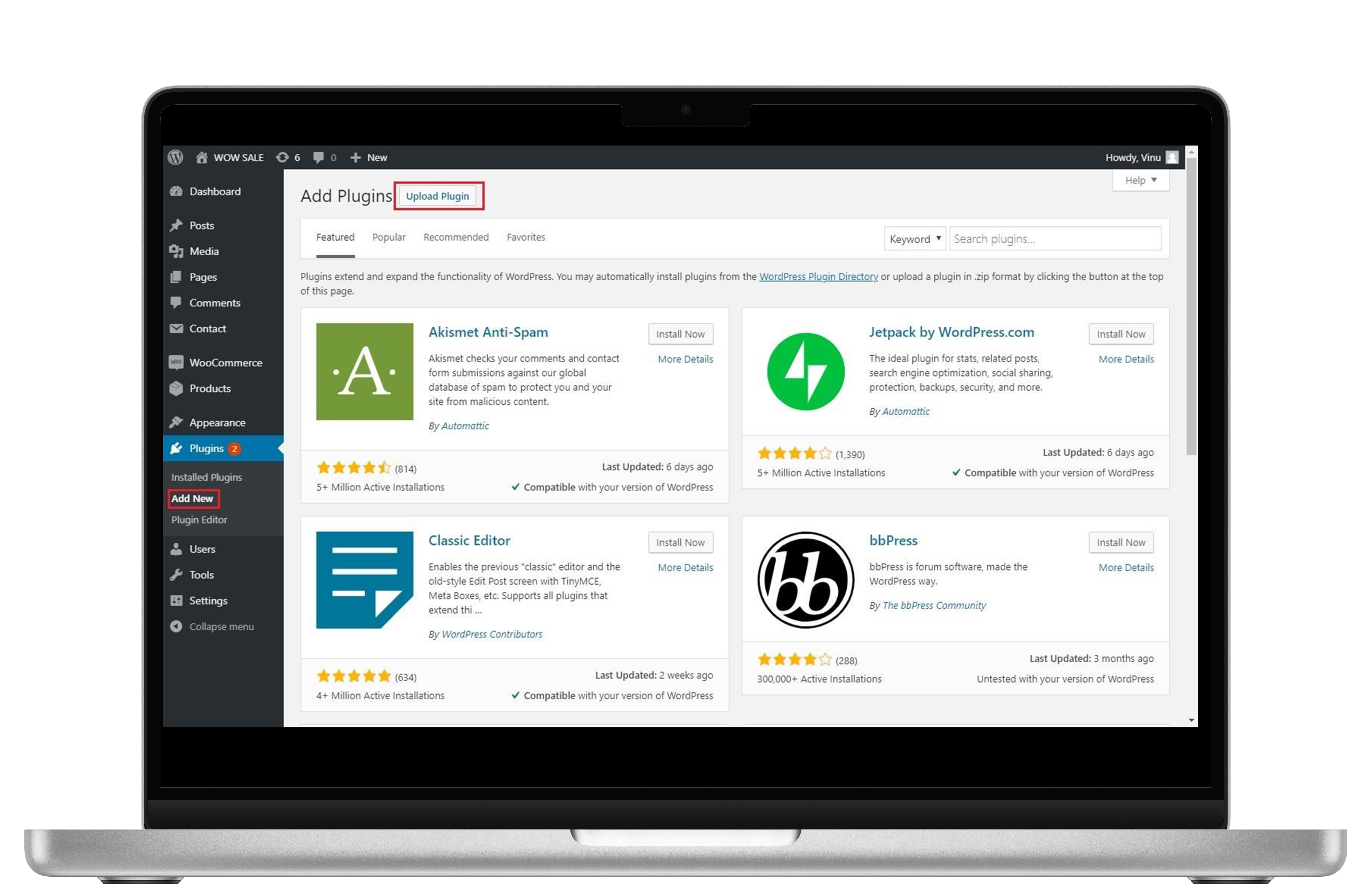 From your Woocommerce dashboard, navigate to Plugins, Add New, and upload. Choose the folder where you have saved the N-Genius plugin.