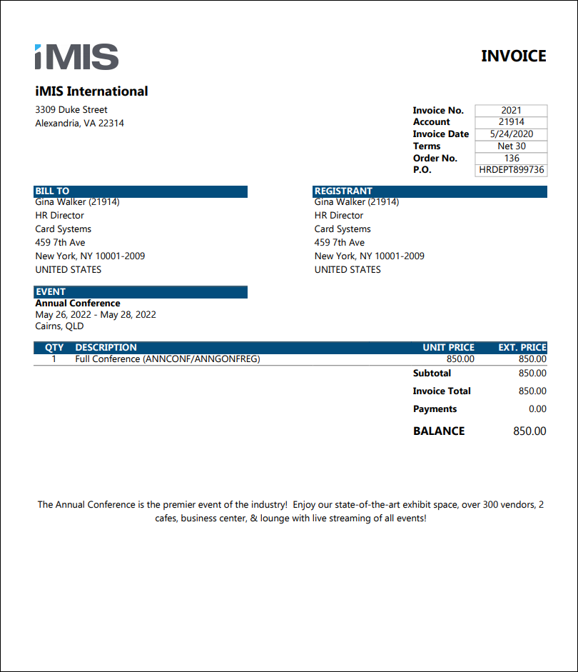 Viewing the Event Invoice report example
