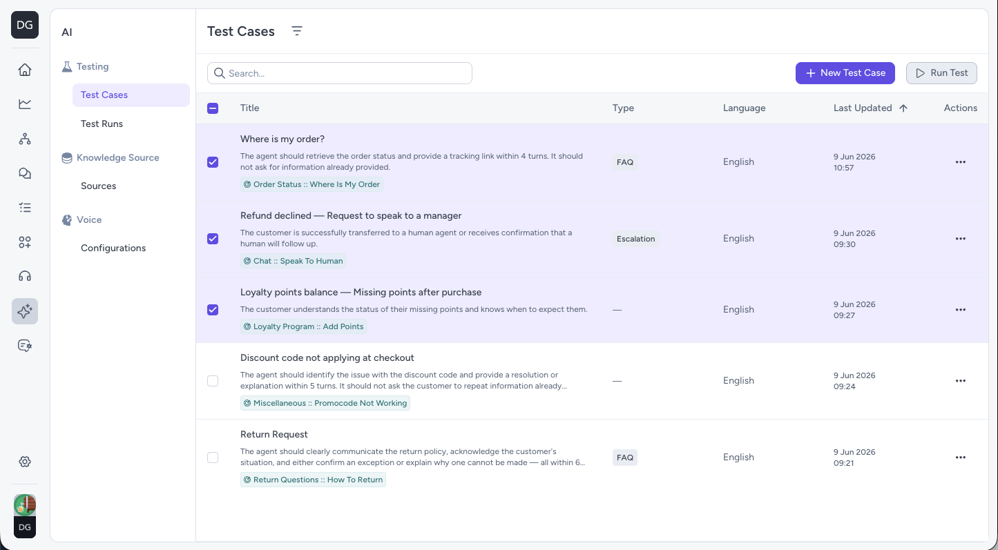 Test Cases list with selected test cases and active Run Test button