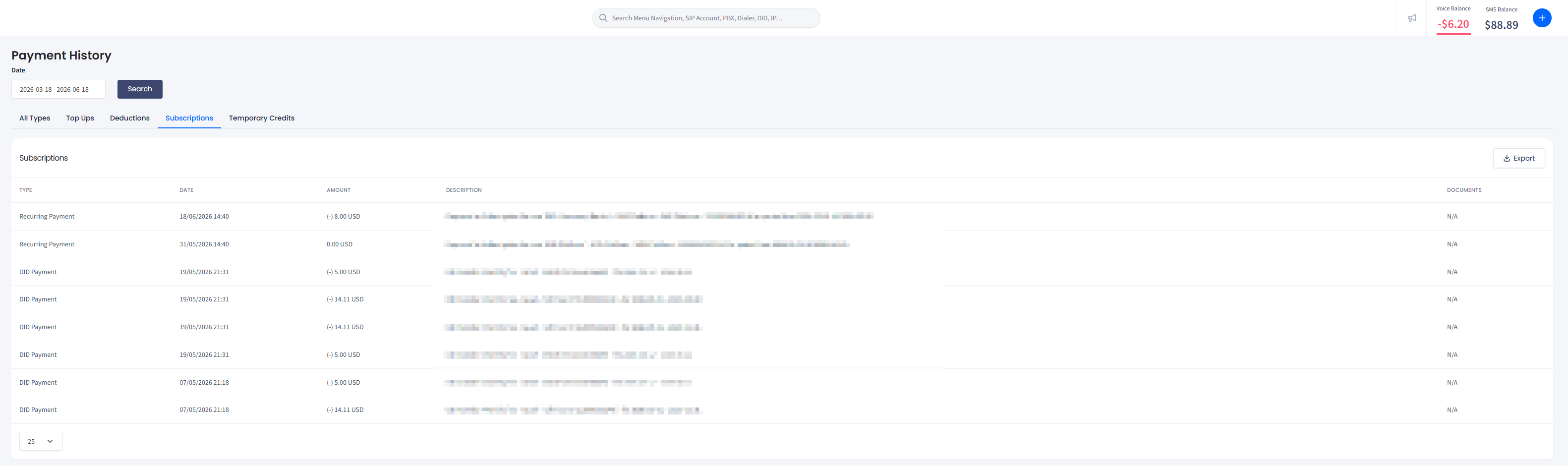 Screenshot of the Subscriptions tab
