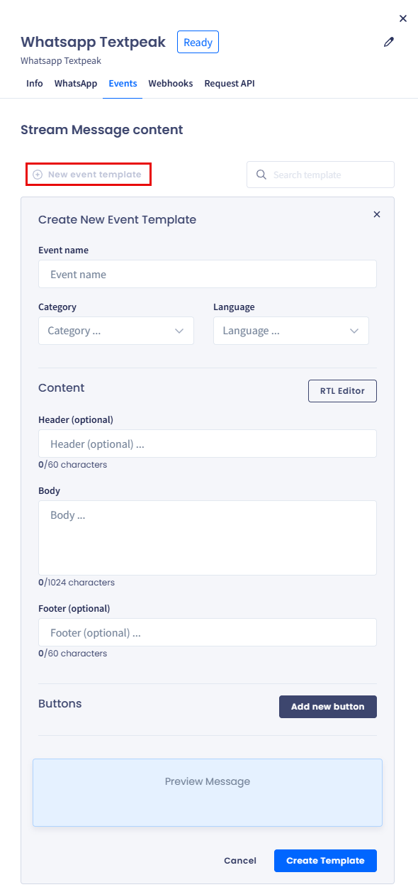 Screenshot of the Create New Event Template form