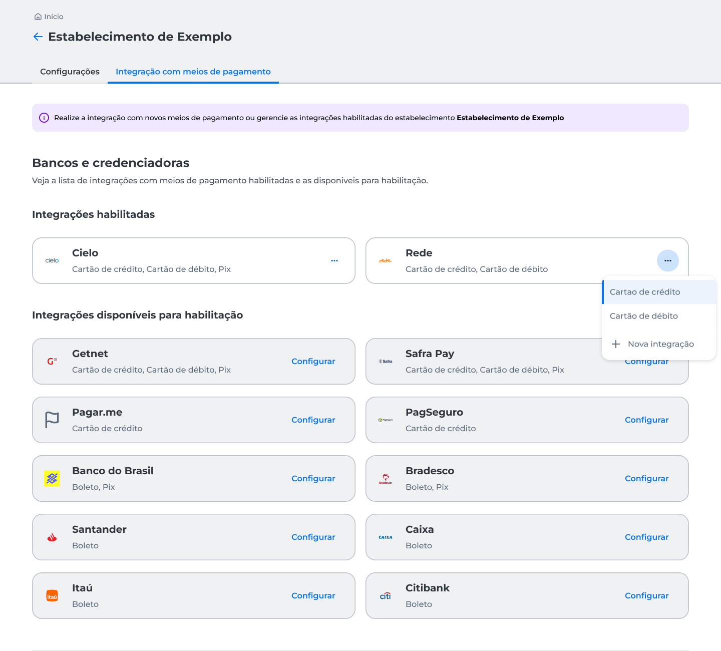Tela com lista de integrações disponíveis. O botão "..." está destacado, indicando onde clicar para visualizar as formas de pagamento configuradas para o Banco ou Credenciadora selecionada.