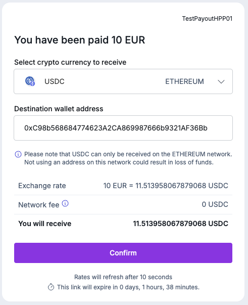 Screenshot 2022-07-10 at 21.43.03.png An example of the BVNK hosted payments page where an end-user can select a cryptocurrency like Butcoin, Tether or Ethereum to make a 150 EUR payment requested by a merchant.