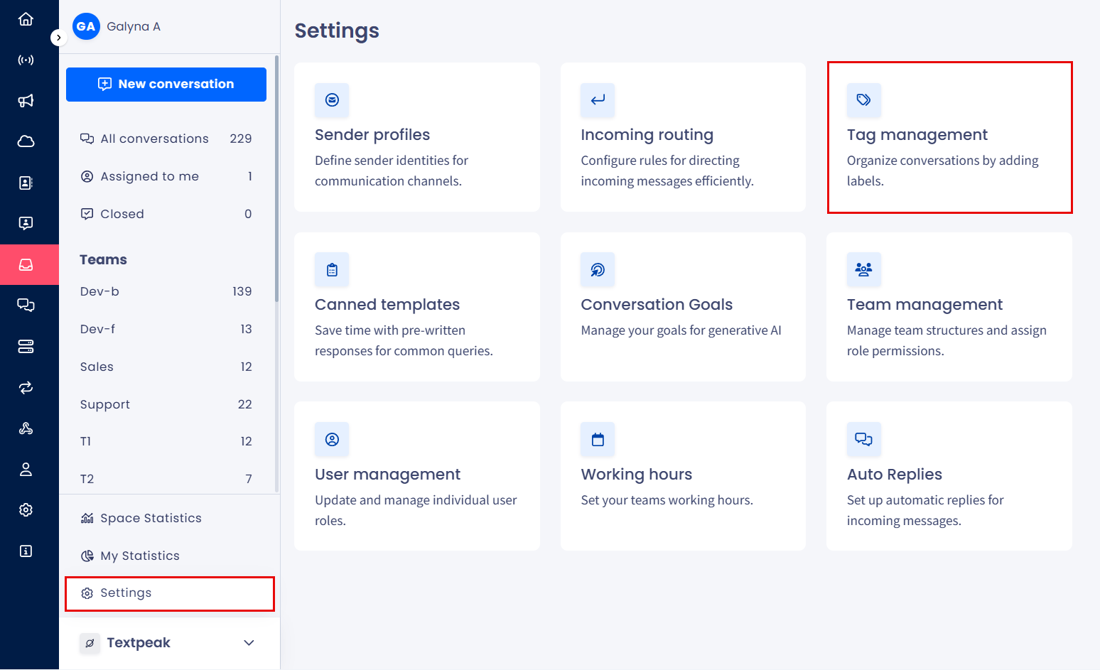 Screenshot of the Tag management page