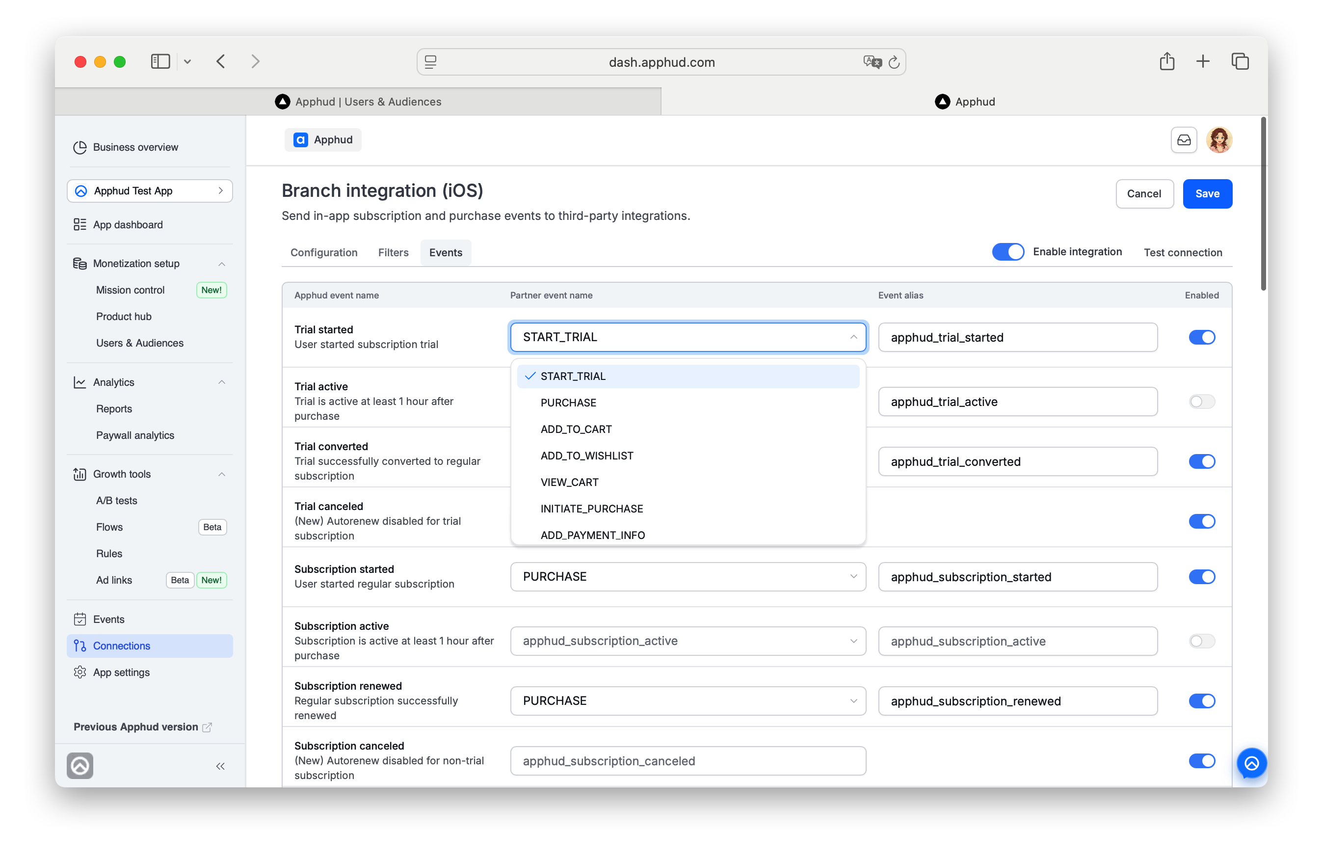 Branch - Example of Events list with dropdown