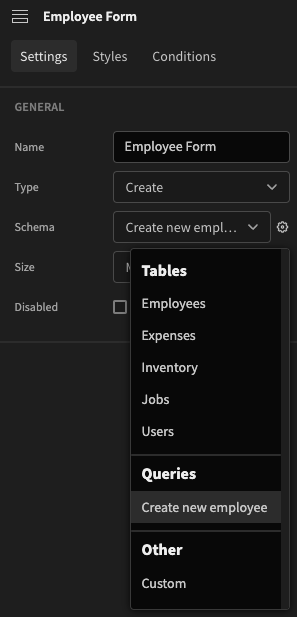 Selecting the form schema