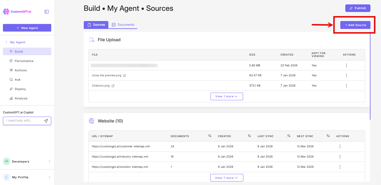screenshot: Add source button on the Sources page