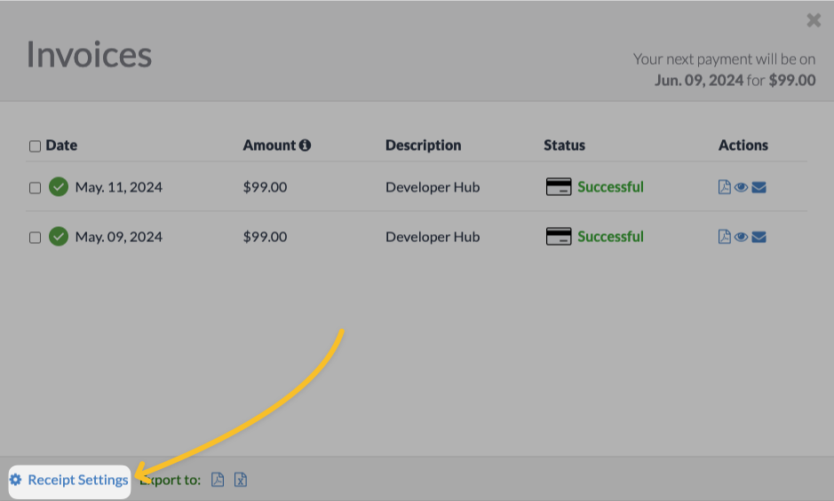 The Invoices and Payment History modal