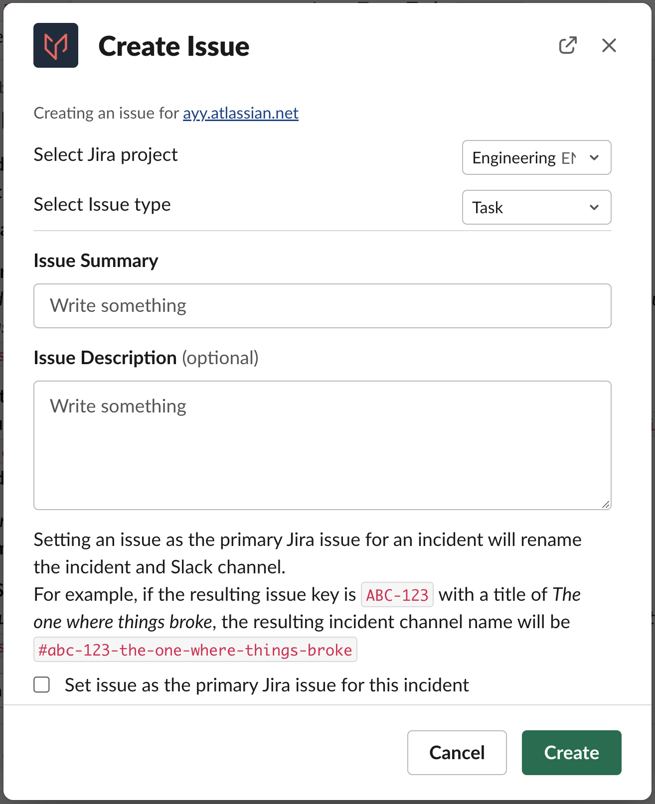 A screenshot of the Slack UI indicating how to create a Jira issue