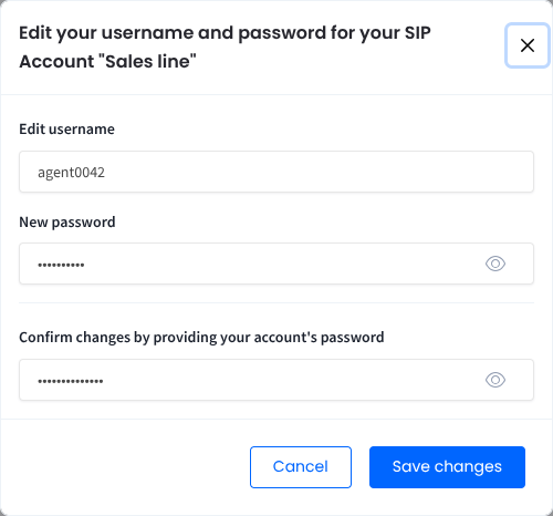 Screenshot of setting new SIP account password