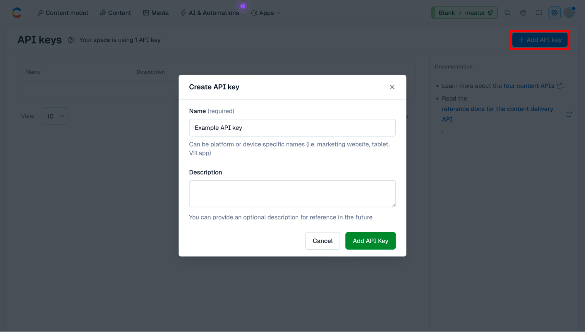 Create new API key screen in Contentful account settings