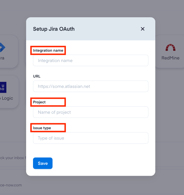 Populate 'Integration name', 'Project', and 'Issue type' fields