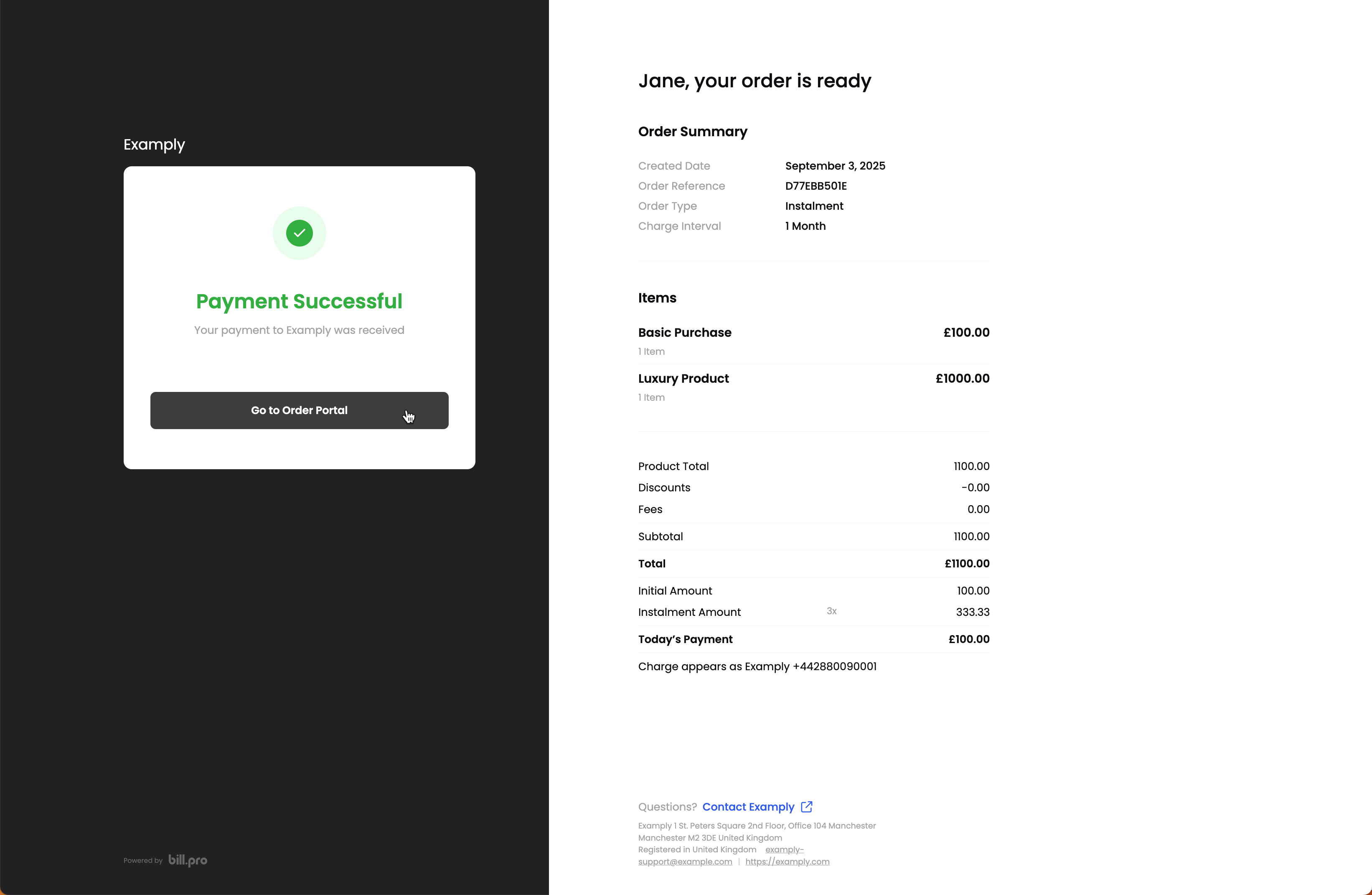 The payment is confirmed on the secure checkout screen
